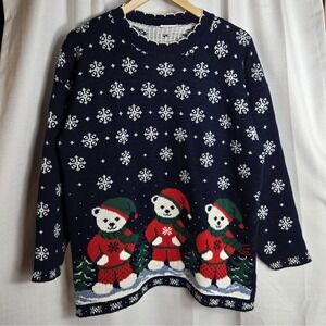 Vtg Blue Polar Bear Snowflakes Christmas Sweater‎ Made in USA Grandmacore Ugly